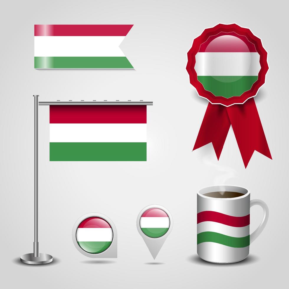 Hungary Country Flag place on Map Pin. Steel Pole and Ribbon Badge Banner vector