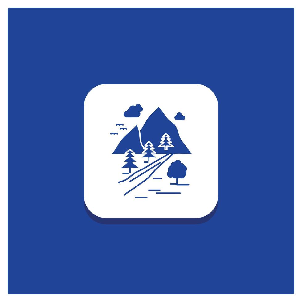 Blue Round Button for rocks. tree. hill. mountain. nature Glyph icon vector