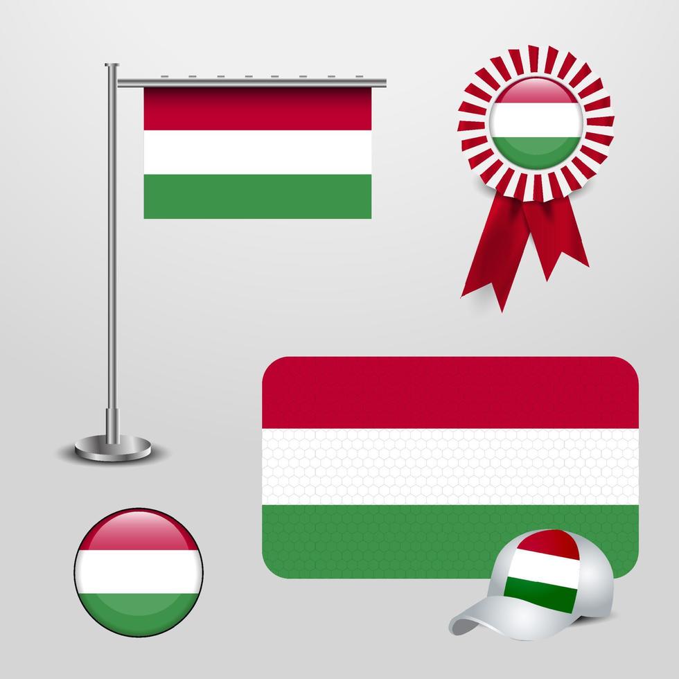 Hungary Country Flag haning on pole. Ribbon Badge Banner. sports Hat and Round Button vector