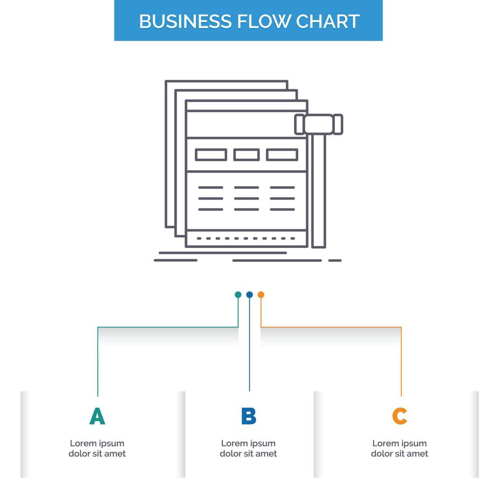 Internet. página. web. página web. diseño de diagrama de flujo de negocios de estructura alámbrica con 3 pasos. icono de línea para el lugar de plantilla de fondo de presentación para texto vector