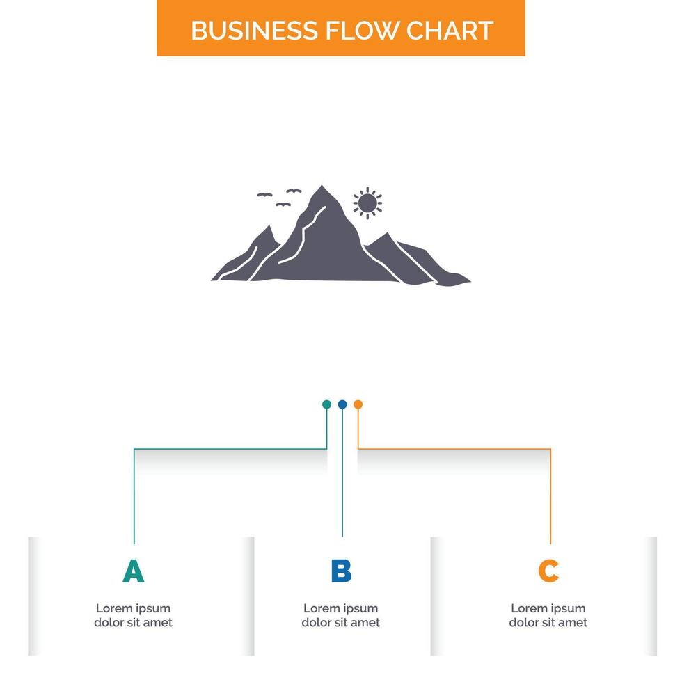 mountain. landscape. hill. nature. sun Business Flow Chart Design with 3 Steps. Glyph Icon For Presentation Background Template Place for text. vector