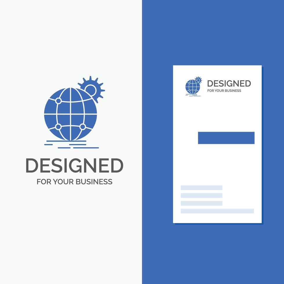 logotipo de empresa para internacional. negocio. globo. en todo el mundo. engranaje. plantilla de tarjeta de visita de negocio azul vertical. vector
