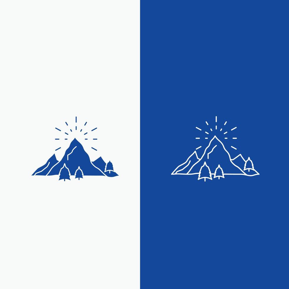 Cerro. paisaje. naturaleza. montaña. línea de fuegos artificiales y botón web de glifo en banner vertical de color azul para ui y ux. sitio web o aplicación móvil vector