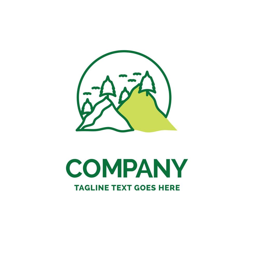 Cerro. paisaje. naturaleza. montaña. plantilla de logotipo de empresa plana de sol. diseño creativo de marca verde. vector