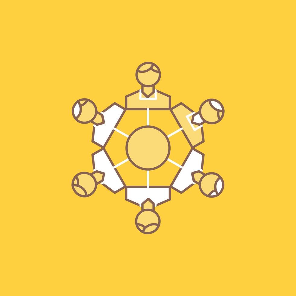 Cooperation. friends. game. games. playing Flat Line Filled Icon. Beautiful Logo button over yellow background for UI and UX. website or mobile application vector
