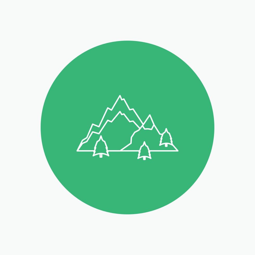 mountain. landscape. hill. nature. tree White Line Icon in Circle background. vector icon illustration