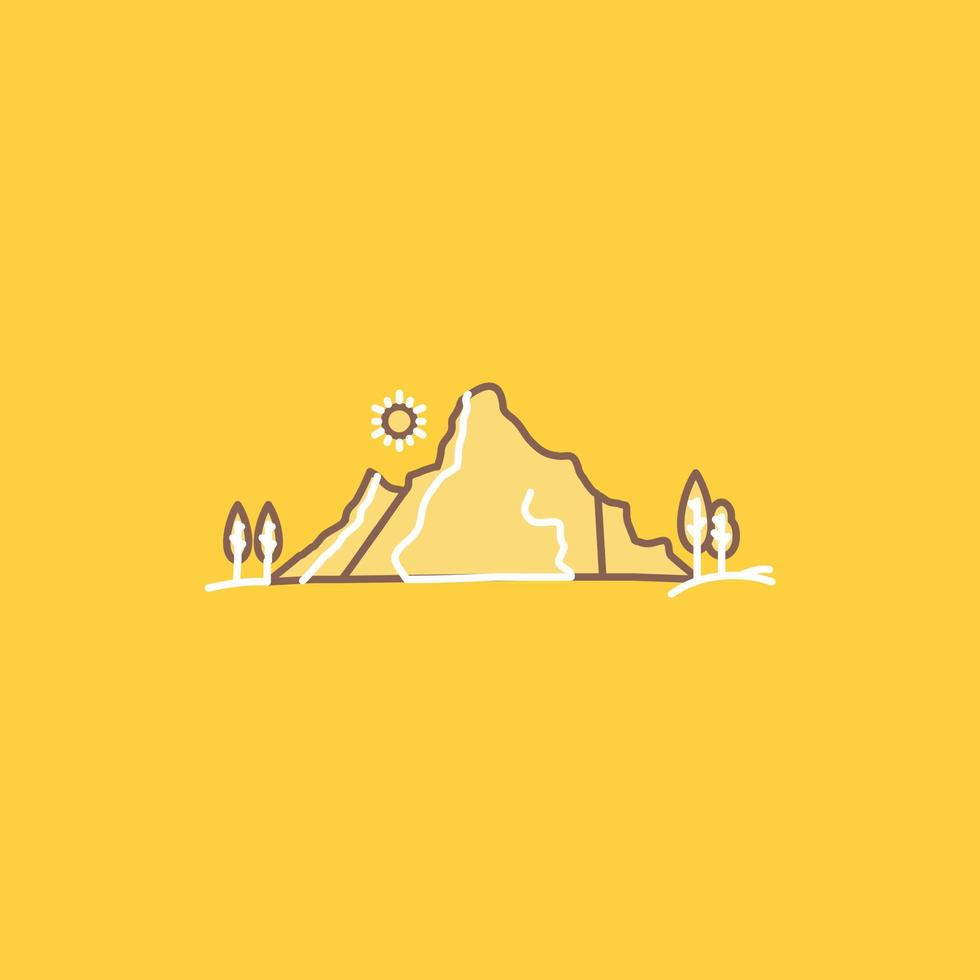 mountain. landscape. hill. nature. tree Flat Line Filled Icon. Beautiful Logo button over yellow background for UI and UX. website or mobile application vector