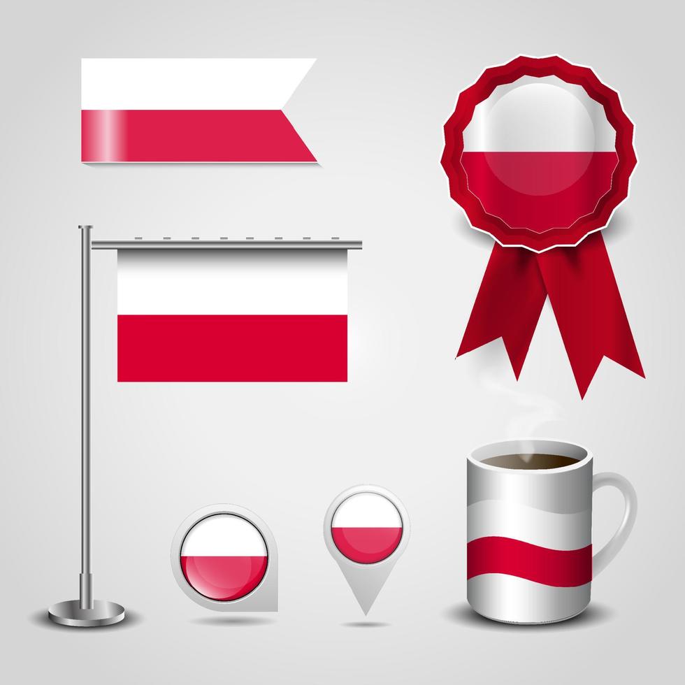 Lugar de la bandera del país de Polonia en el pin del mapa. poste de acero y banner de insignia de cinta vector