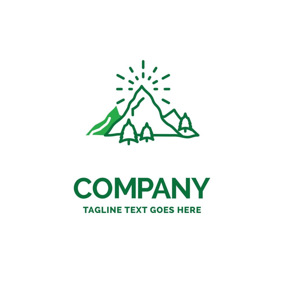 hill. landscape. nature. mountain. fireworks Flat Business Logo template. Creative Green Brand Name Design. vector