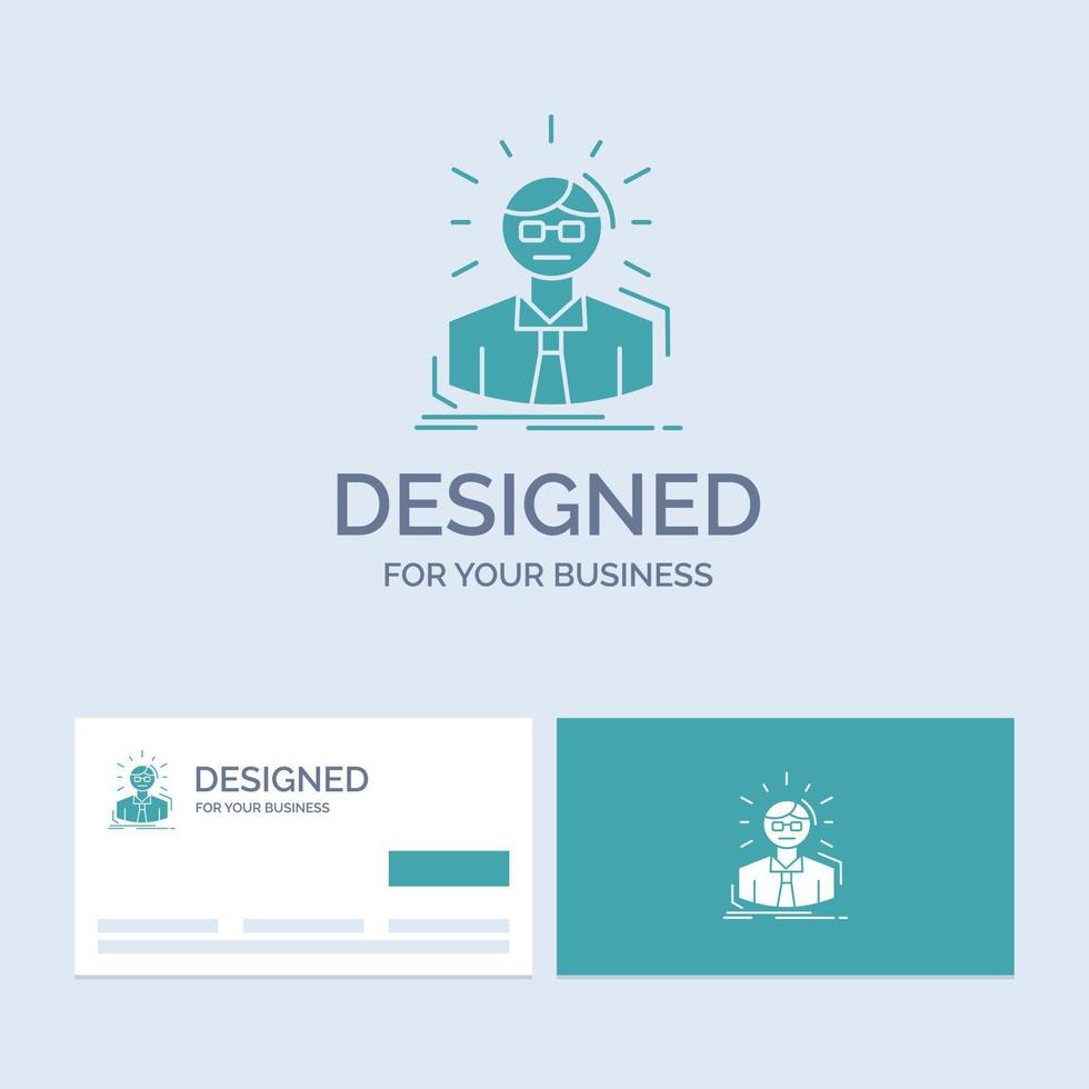 Manager. Employee. Doctor. Person. Business Man Business Logo Glyph Icon Symbol for your business. Turquoise Business Cards with Brand logo template. vector