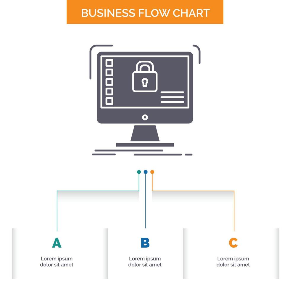 seguro. proteccion. seguro. sistema. diseño de diagrama de flujo de negocios de datos con 3 pasos. icono de glifo para el lugar de plantilla de fondo de presentación para texto. vector