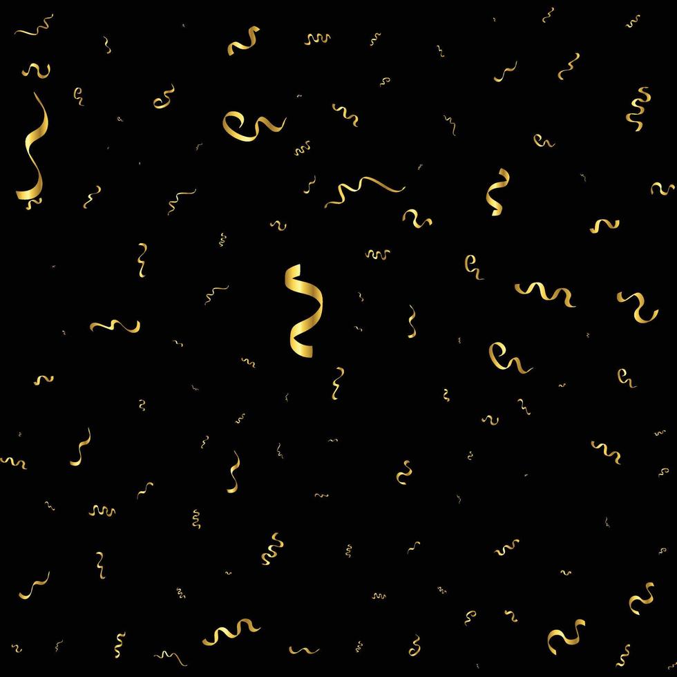 Golden Confetti And Streamer Ribbon Falling On Black Background. Vector