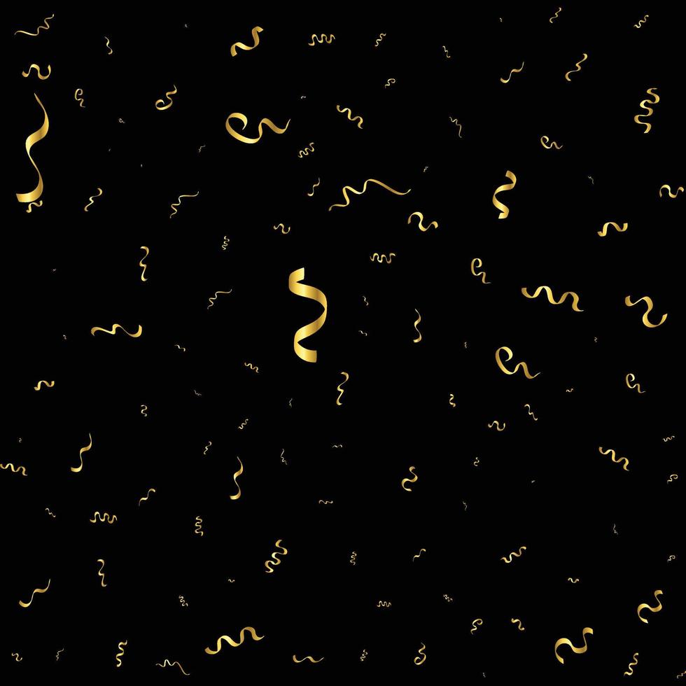 Golden Confetti And Streamer Ribbon Falling On Black Background. Vector