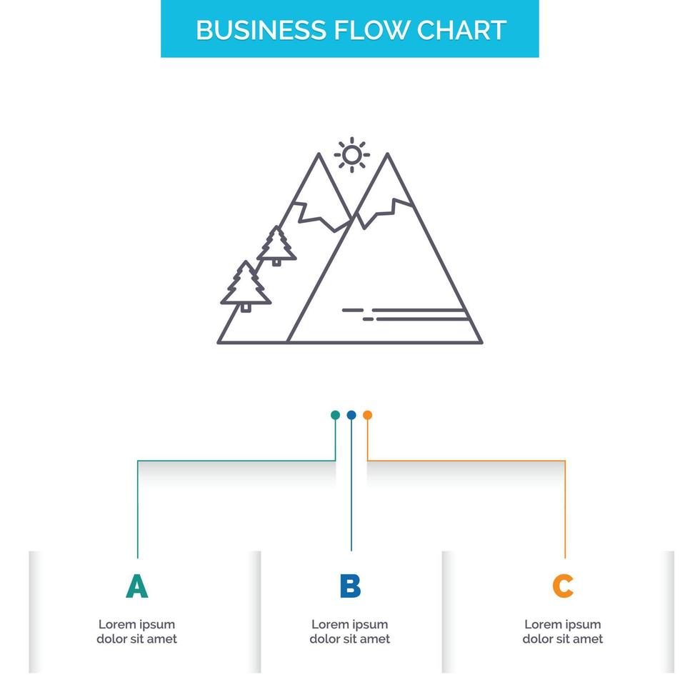 montañas. naturaleza. exterior. sol. diseño de diagrama de flujo de negocios de senderismo con 3 pasos. icono de línea para el lugar de plantilla de fondo de presentación para texto vector