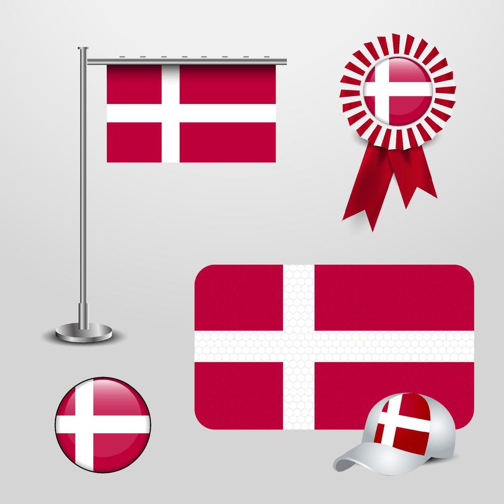 Denmark Country Flag haning on pole. Ribbon Badge Banner. sports Hat and Round Button vector