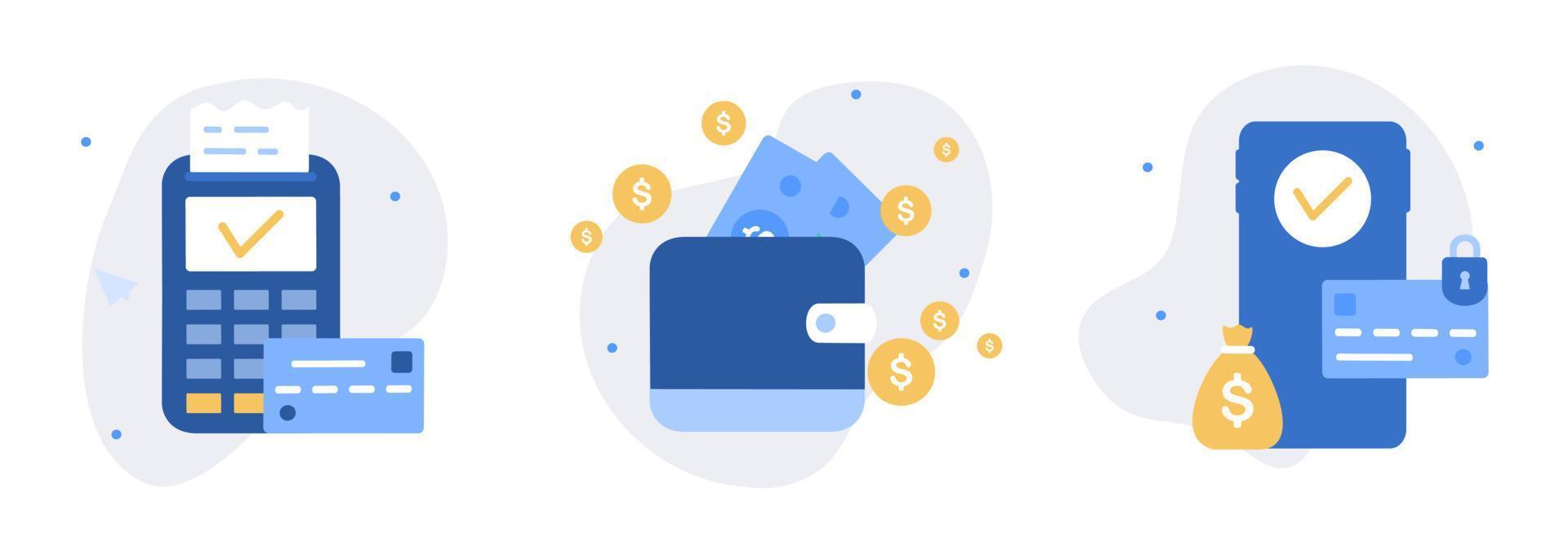 Payment methods illustration set. Credit card for online shopping, financial cash transactions, transfer, bank card, e-wallet for buying process, monetary currencies. Flat web vector illustration.