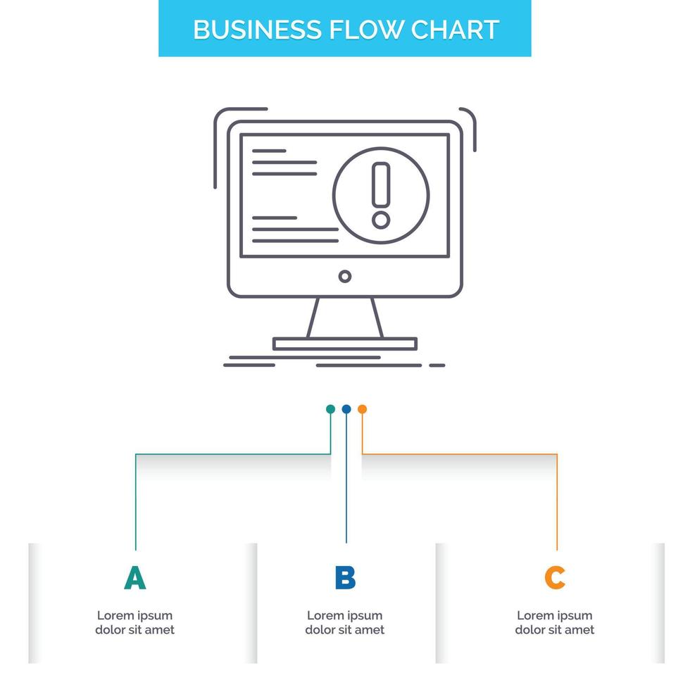 Alert. antivirus. attack. computer. virus Business Flow Chart Design with 3 Steps. Line Icon For Presentation Background Template Place for text vector