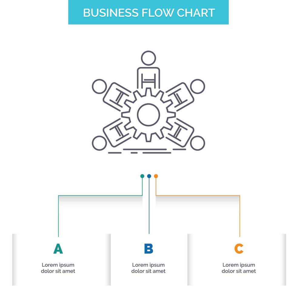 equipo. grupo. liderazgo. negocio. diseño de diagrama de flujo empresarial de trabajo en equipo con 3 pasos. icono de línea para el lugar de plantilla de fondo de presentación para texto vector