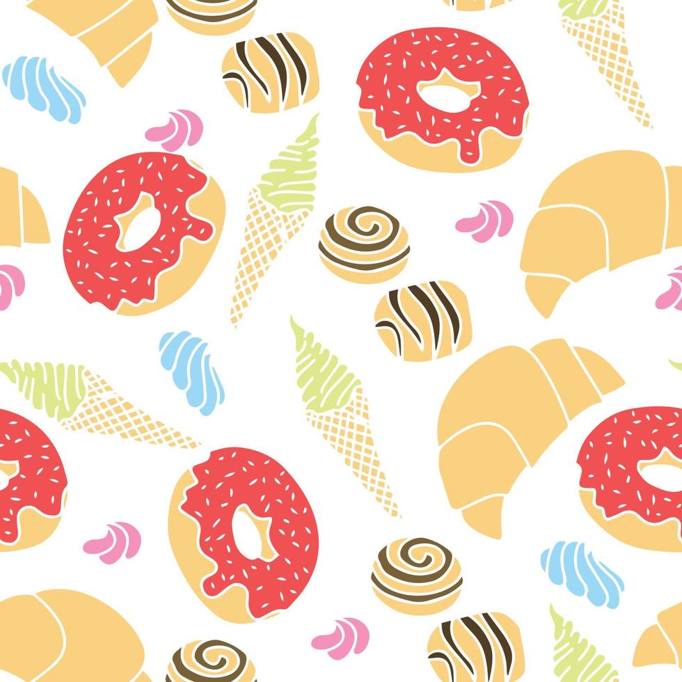 Seamless patter with sweet and deserts donut, croissant, ice cream, candy and cream. Vector illustration.