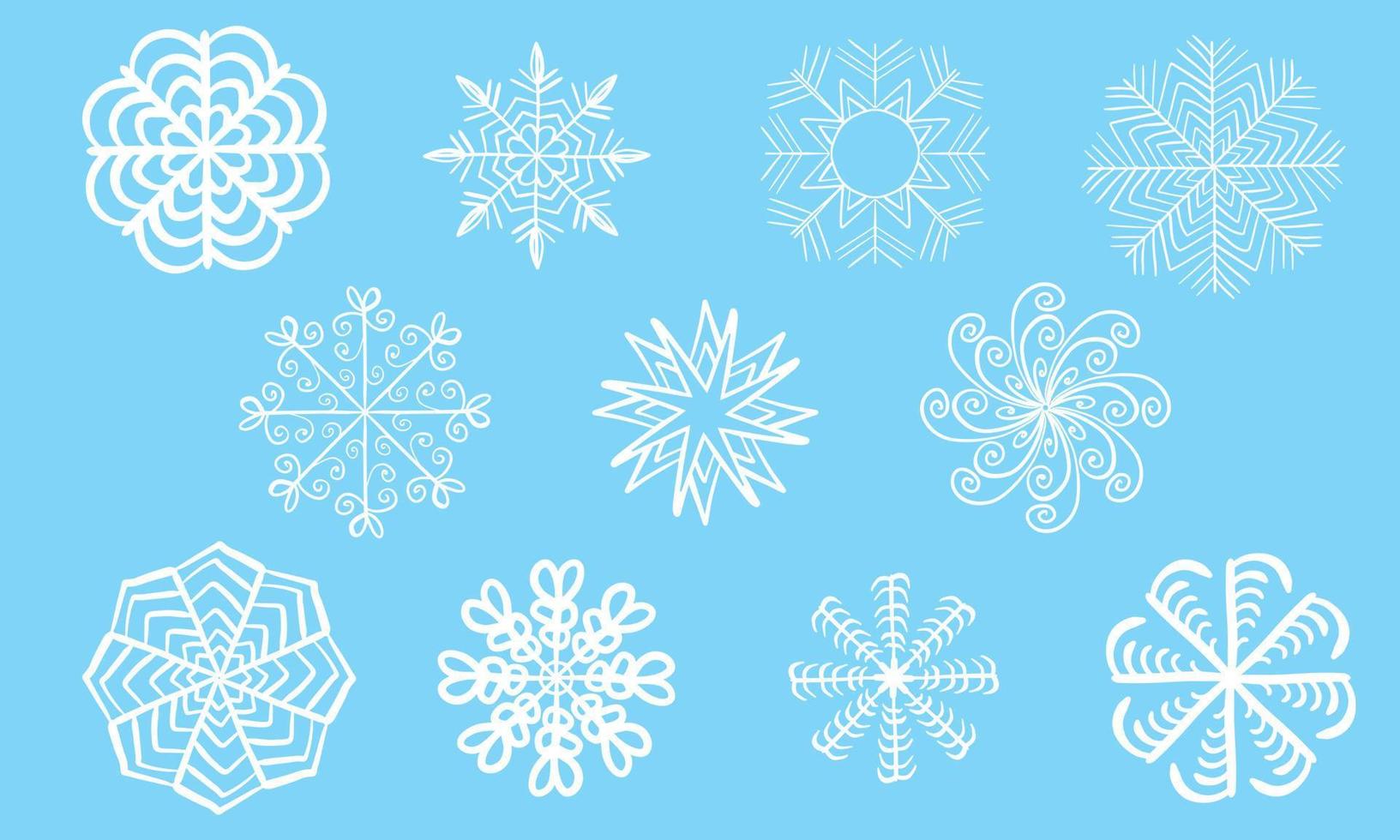 Set of white snowflakes isolated on blue background. Vector illustration
