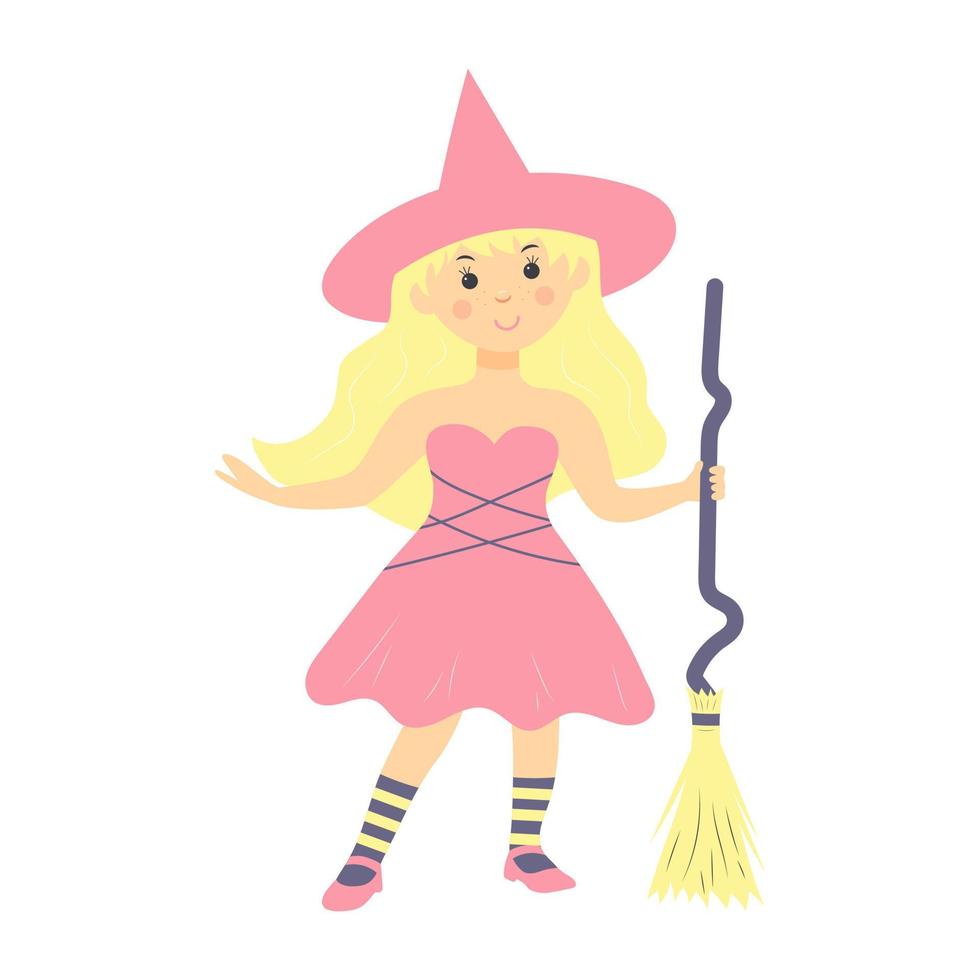 Cute blonde girl witch with broom in pastel colors. Halloween cartoon character isolated on white background. vector