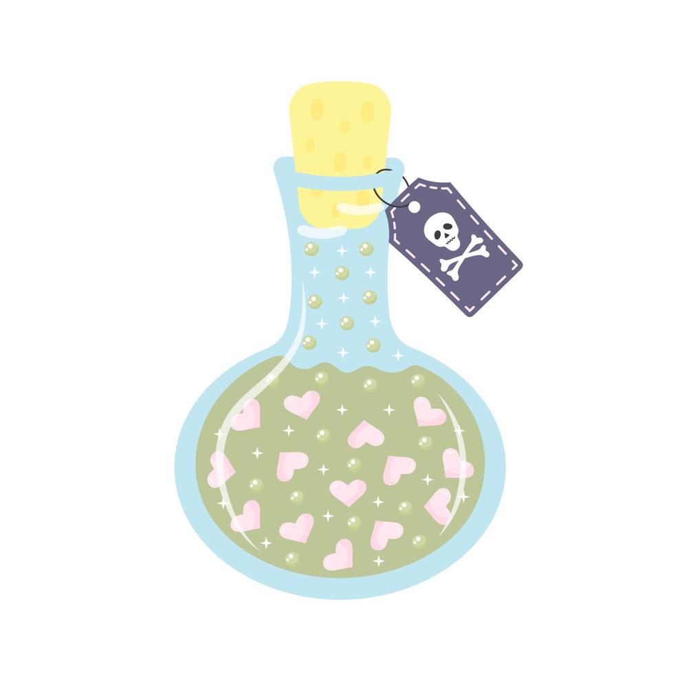 Flask with poison. Bottle of love potion with hearts and skull label. vector
