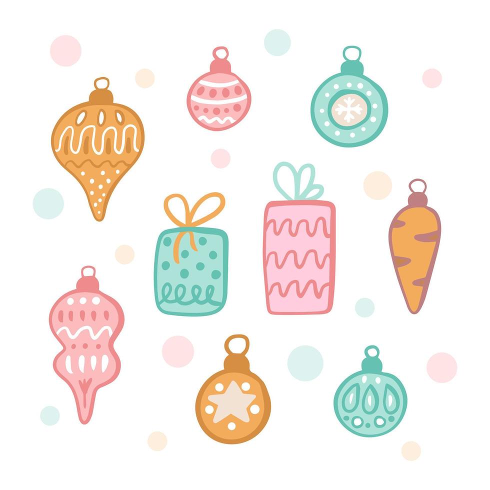 Set of Christmas tree toys with gifts, vector illustration in flat style, decor for postcards, posters