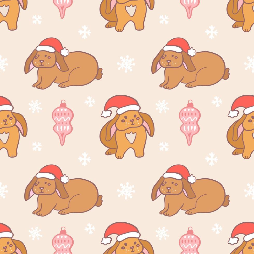 Cute rabbits in Santa hat with Christmas tree toys, vector festive seamless pattern