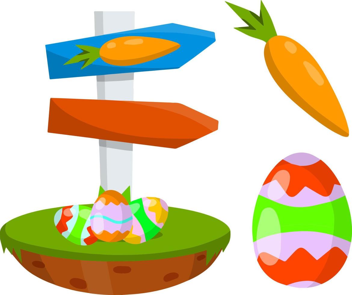 Celebration of Easter. Set of Colored painted eggs and carrot. Christian holiday. Element of child game. Cartoon flat illustration. Plate for finding objects. Sign pointer to route vector