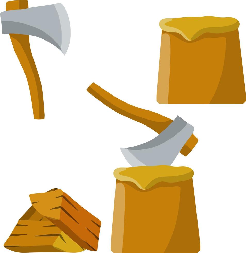 Chopping. Logger axe and log. Timber harvesting. Fuel wood. Lumberjack and woodcutter element. Set of tools. Cartoon flat illustration vector