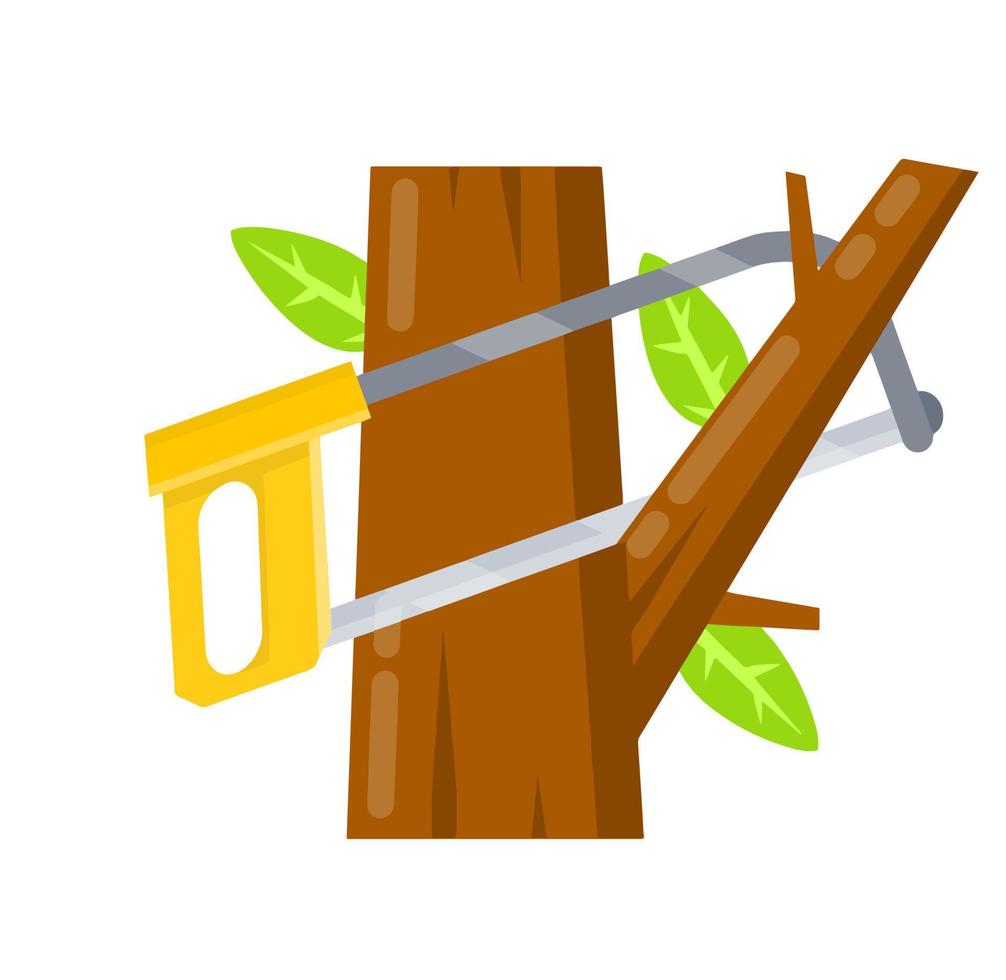 Saw cut tree branch. Tool of lumberjack. Care of forest. Woodcutter operation. Harvesting of logs. Rural object. Flat cartoon illustration vector