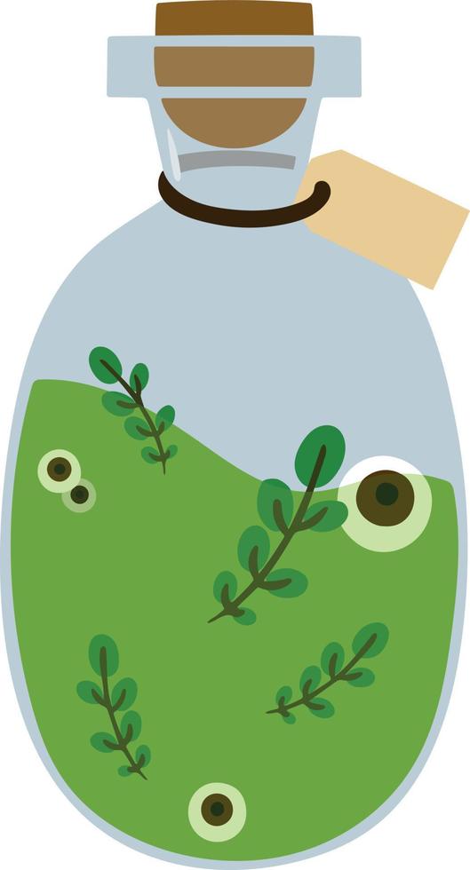 Magic potion bottle. Flat. Potion with eyes and plant leaves. Vector illustration isolated on white background. Design element for games interface posters brochures