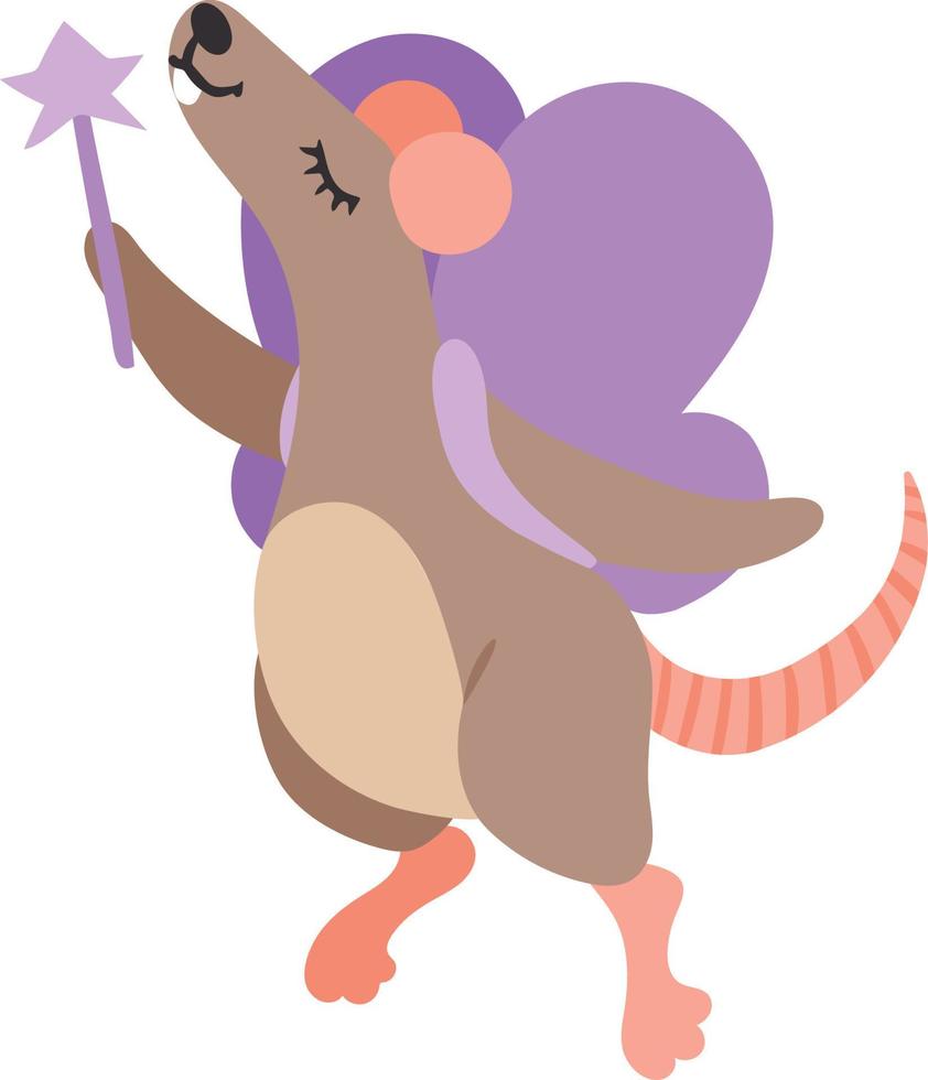 Concept of adorable fairy rat. Rat with wings and magic wand. Flat. Vector illustration. Design element isolated on white background