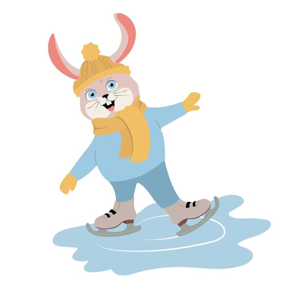 el conejo divertido con un gorro de punto y una bufanda está patinando. vector