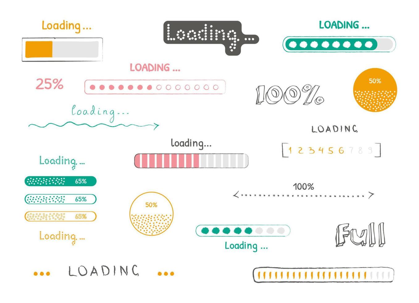 Progress loading bar, set of doodle icons. Hand-drawn sketch vector
