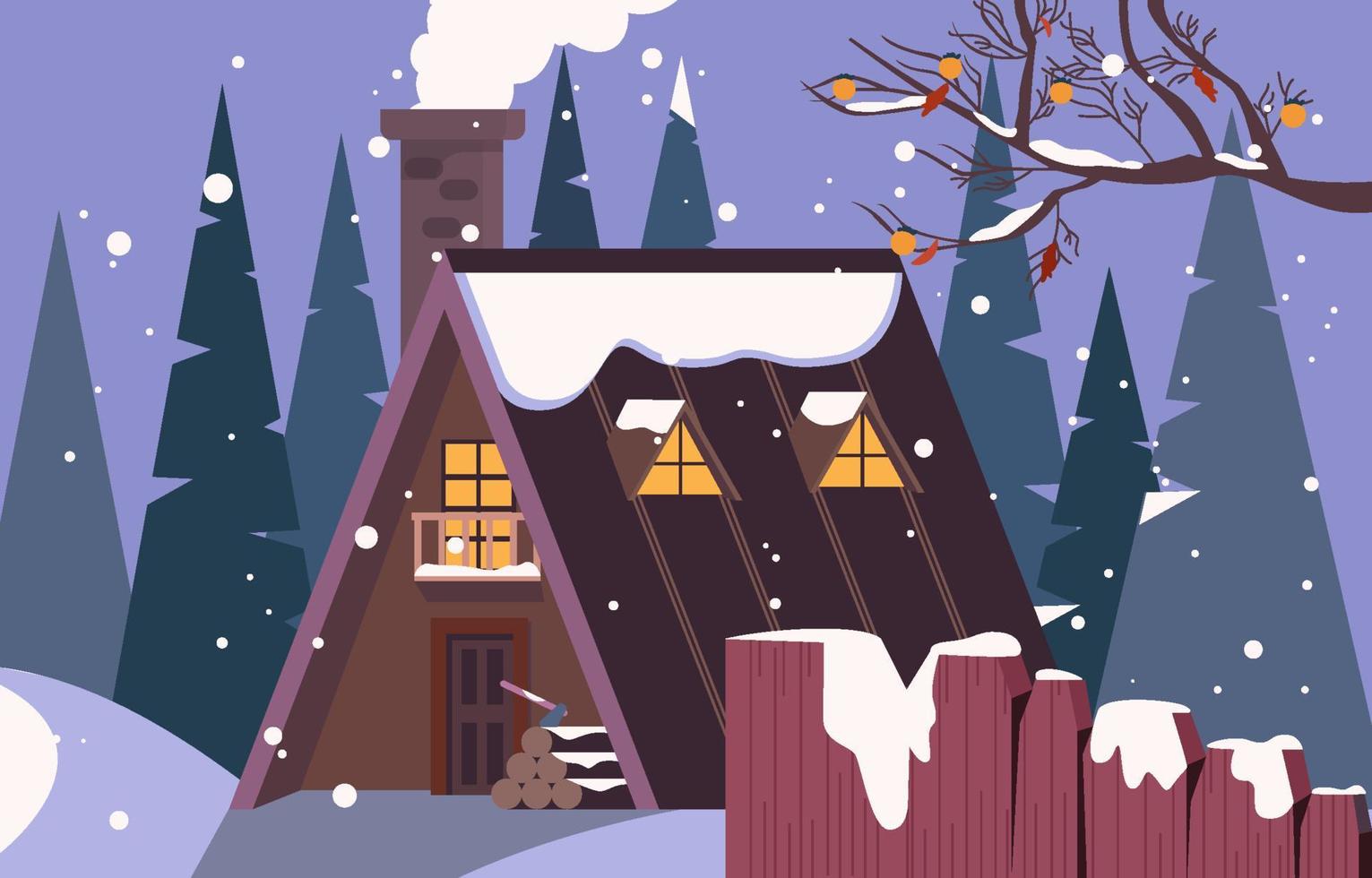 Wooden Hut Among High Trees In Winter Background vector