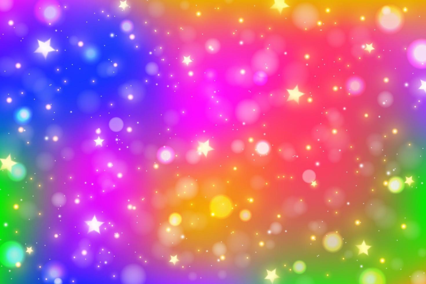 Rainbow fantasy background. Bright multicolored sky with stars, bokeh and sparkles. Holographic wavy illustration. Vector. vector