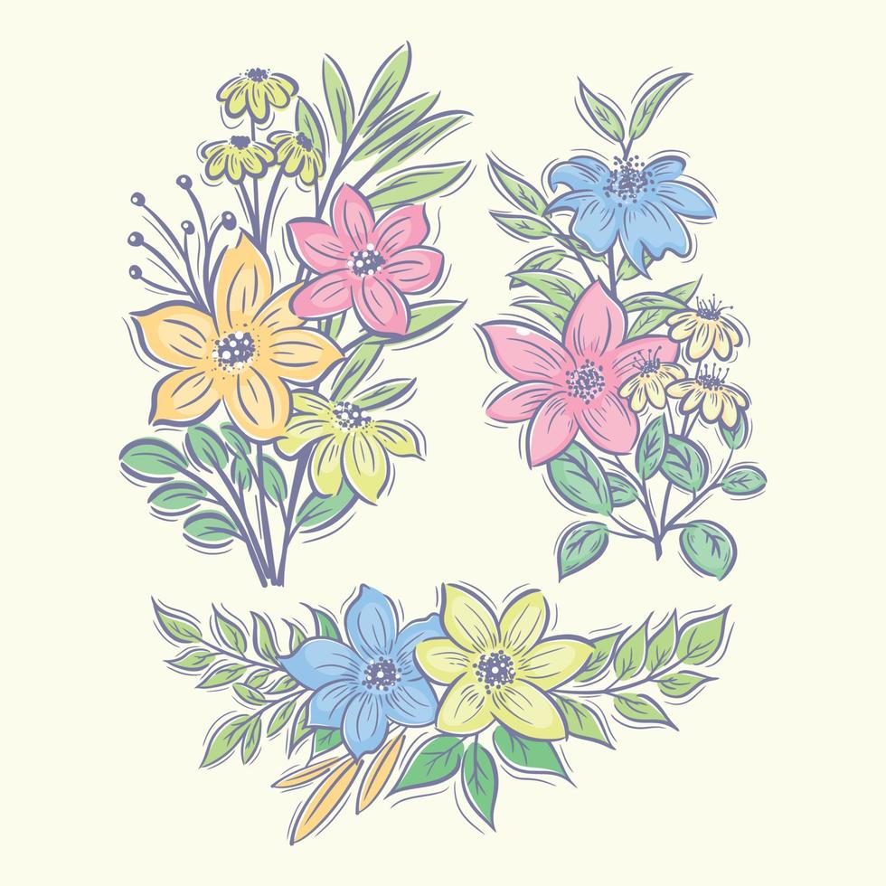 colección de ramo de tres flores dibujadas a mano a todo color vector