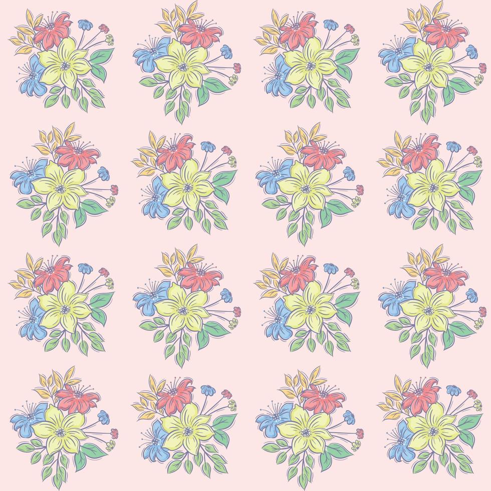 Hand drawn flower bouquet full color seamless pattern vector