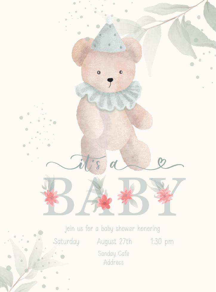 Its a Baby. Baby Shower lettering invitation template with watercolor plush toy and green leaf. vector