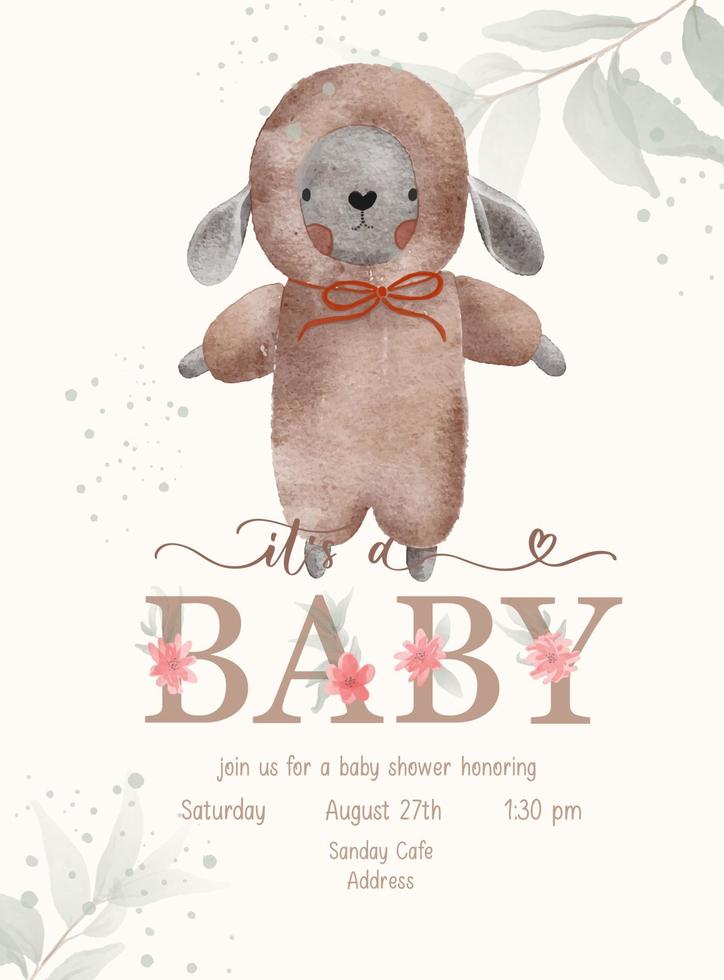 Es un bebé. plantilla de invitación de letras de baby shower con peluche de acuarela y hoja verde. vector