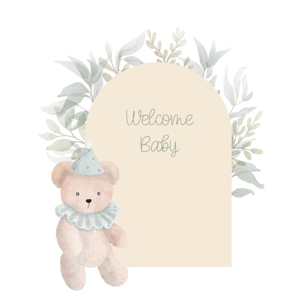 Watercolor arch baby shower card with green leaves and plush toy bear. Hand drawn clipart. Perfect for card, postcard, tag, invitation, printing, wrapping. vector