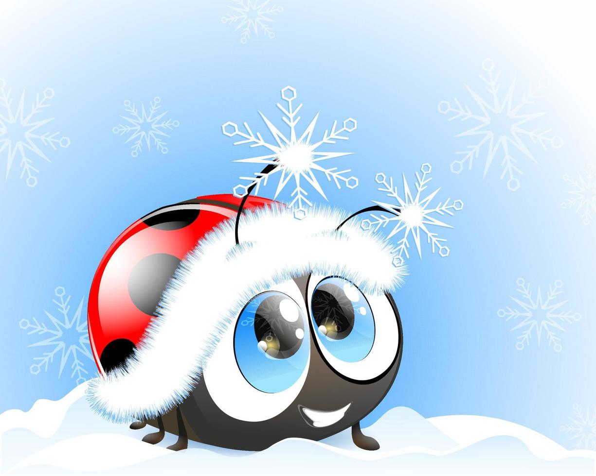 Cute funny cartoon Ladybug Santa with mustaches decorated with snowflakes vector