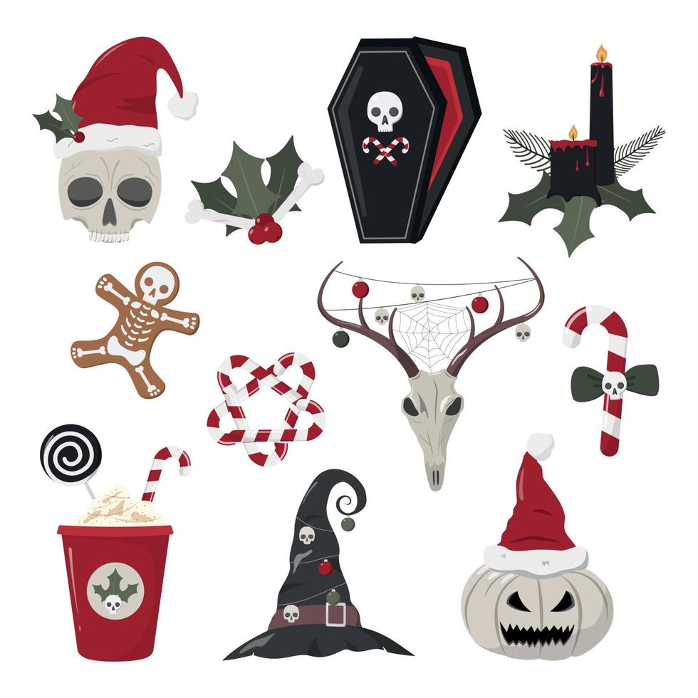 colección de elementos navideños de miedo. cráneos góticos dibujados a mano, calabaza, dulces y otros. ilustraciones vectoriales espeluznantes. aislado sobre fondo blanco. vector