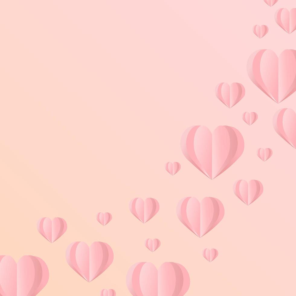 Pink flying hearts isolated on pink background. Vector illustration. Paper cut decorations for Valentine's day