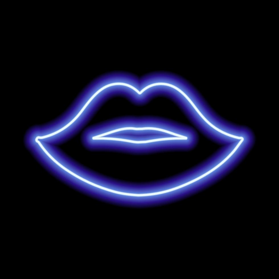 Blue neon lips on a black background. The contour of the women's lips. Kiss vector