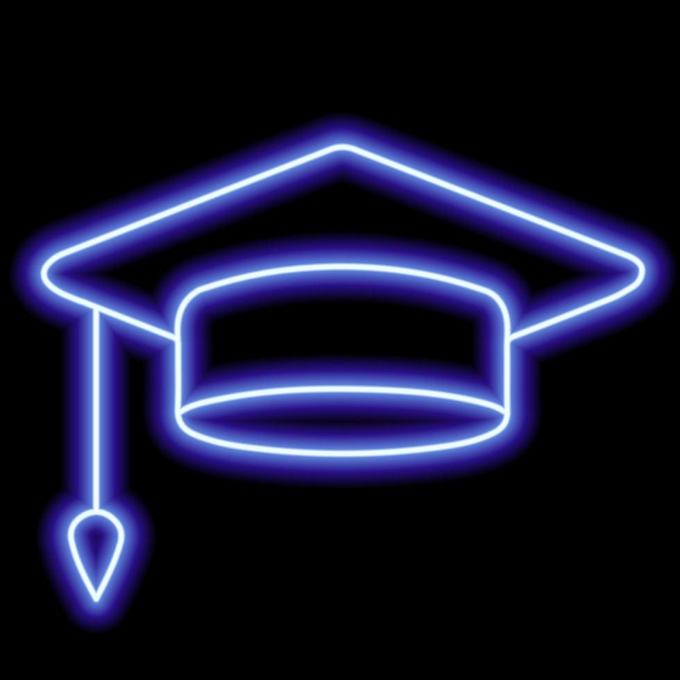 Neon silhouette of mortar board of graduate on black background. Education, college vector