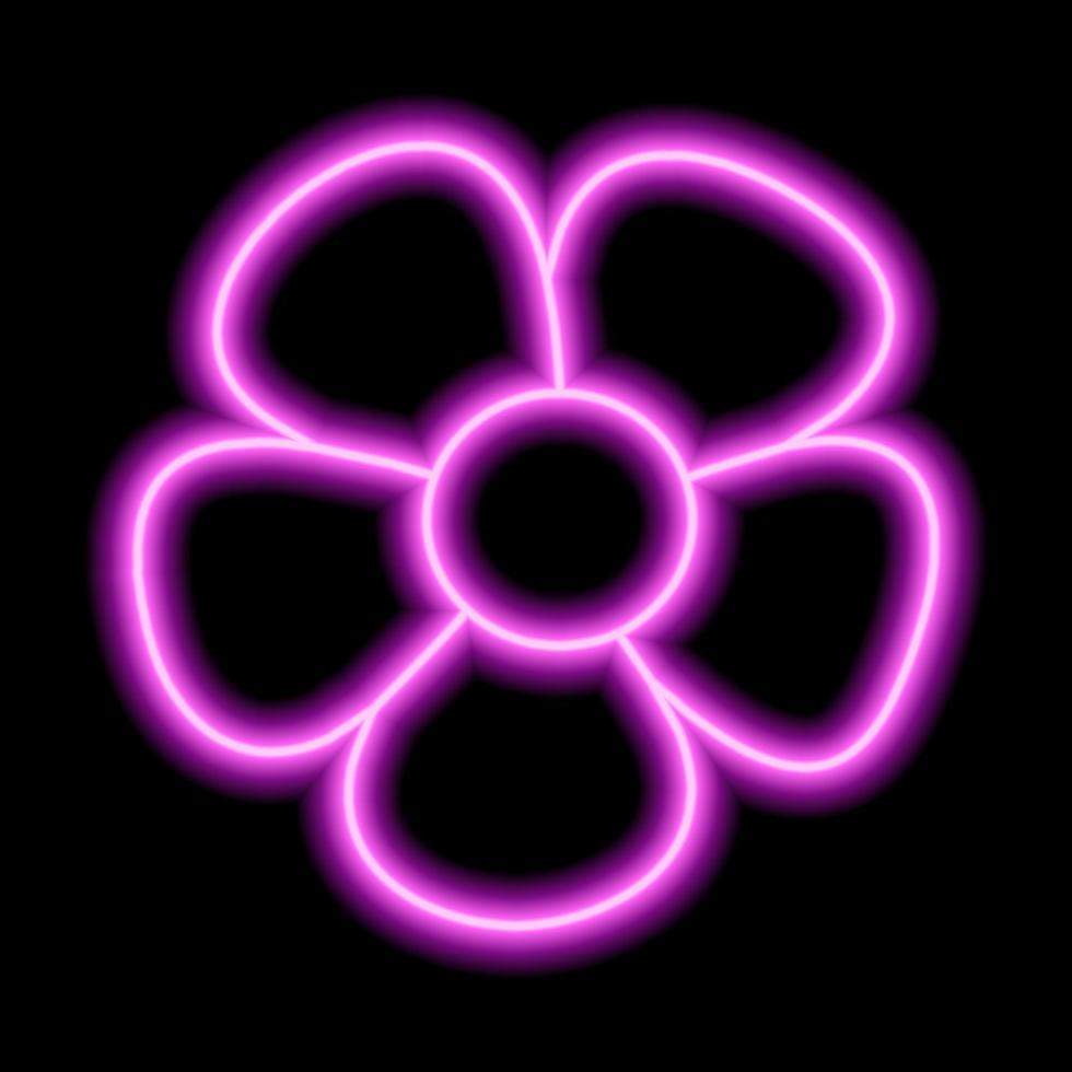 Neon pink flower with petals on a black background. Simple illustration vector