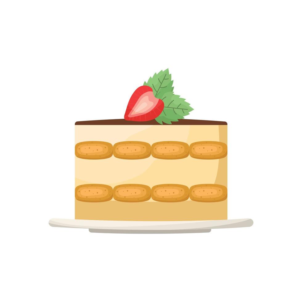 Vector illustration of a portion of tiramisu on a saucer decorated with strawberries and mint.