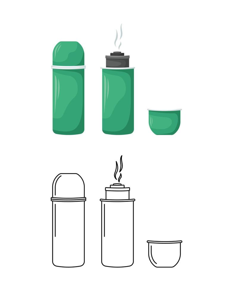 Vector illustration of a thermos in flat and outline styles.